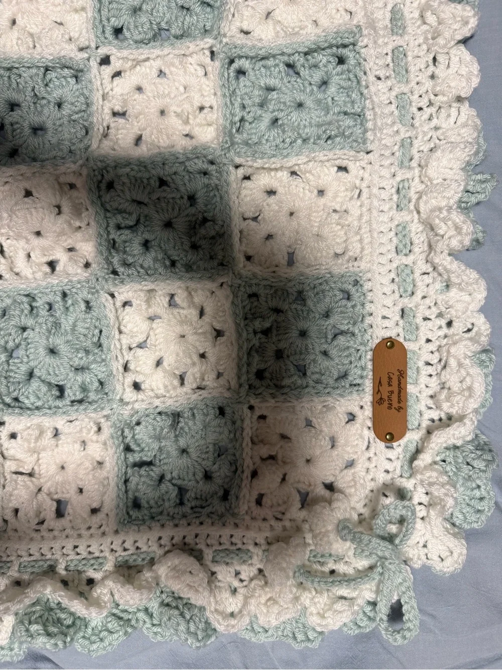 Handmade Crochet Square Throw in White and Sage